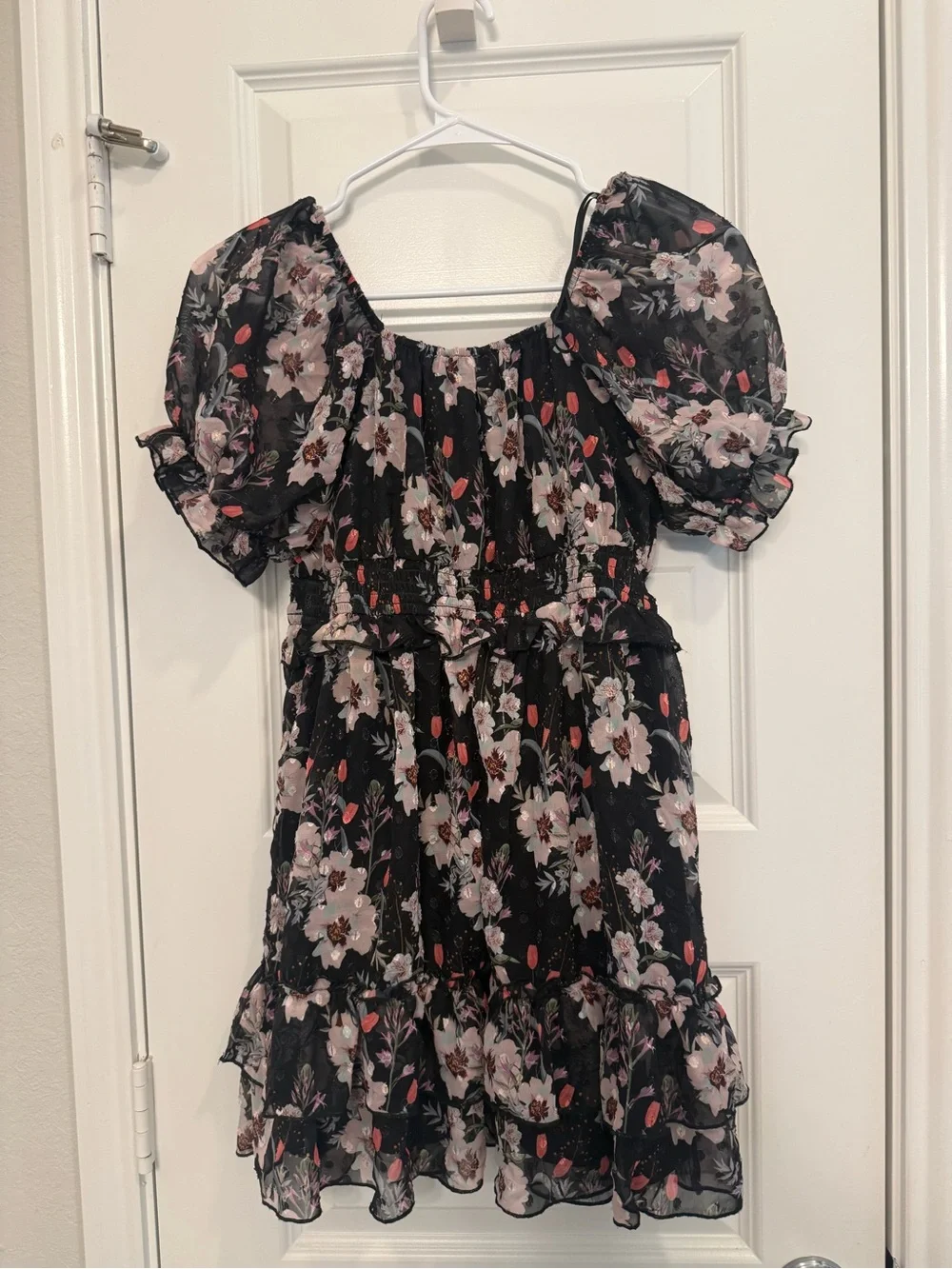 Girls Black Floral Casual Dress with Puff Sleeves